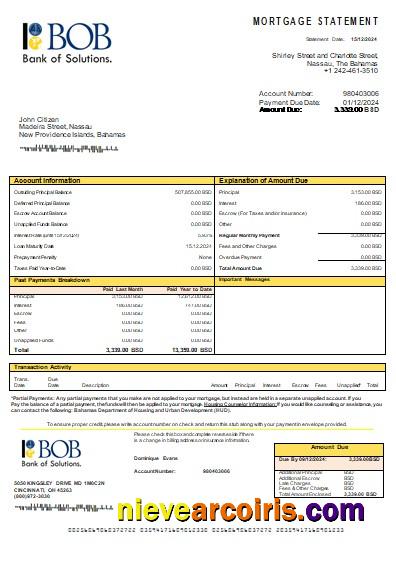 Bahamas Bank of the Bahamas bank mortgage statement